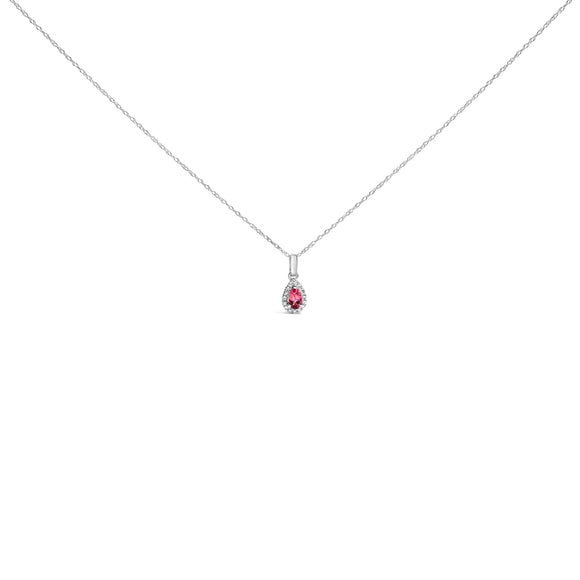 10K White Gold 5x3mm Green Emerald and Diamond Accent Halo Pear Shape 18" Pendant Necklace (I-J Color, I1-I2 Clarity)