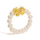 18K Yellow Gold Freshwater Pearl Dragon Charm Adjustable Ring Band-2
