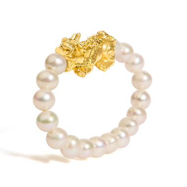 18K Yellow Gold Freshwater Pearl Dragon Charm Adjustable Ring Band - 0