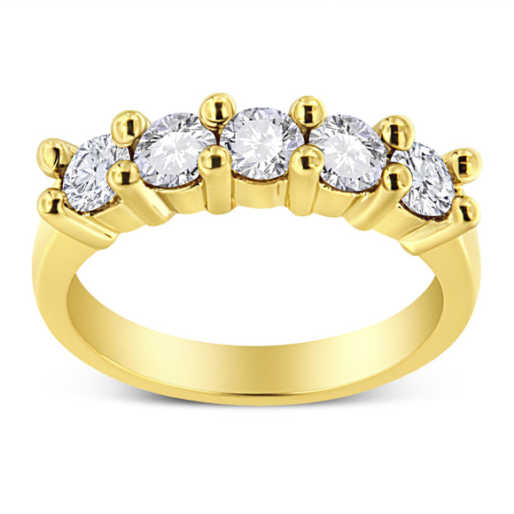 14K Yellow Gold Plated .925 Sterling Silver 1.0 Cttw Shared Prong-set Round Diamond 5 Stone Band Ring (J-K Color, I1-I2 Clarity) - Size 7