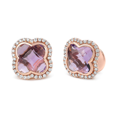 18K Rose Gold 3/8 Cttw Diamond and 11x11mm Clover-Cut Purple Amethyst Gemstone Clover Halo Stud Earrings (G-H Color, SI1-SI2 Clarity) - 0