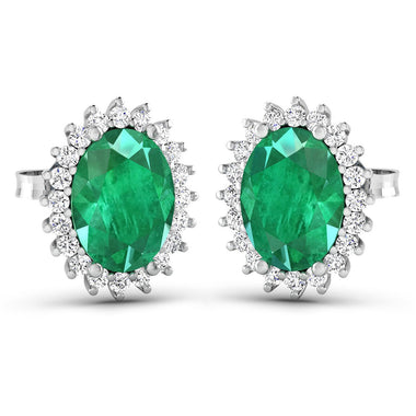 2.66 Carat Genuine Zambian Emerald and White Diamond 14K White Gold Earrings - 0