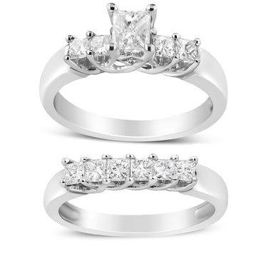 14K White Gold 1 1/2 Cttw 5 Stone Princess Diamond Engagement Wedding Ring Set (H-I Color, SI2-I1 Clarity) - Ring Size 7 - 0