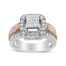 14K White and Rose Gold 1 1/8 Cttw Princess and Round-Cut Diamond Art Deco Style Triple Shank Halo Cocktail Ring (I-J Color, SI2-I1 Clarity) - Size 7-1