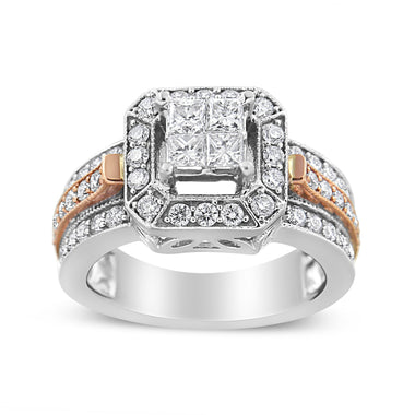 14K White and Rose Gold 1 1/8 Cttw Princess and Round-Cut Diamond Art Deco Style Triple Shank Halo Cocktail Ring (I-J Color, SI2-I1 Clarity) - Size 7