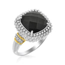 18k Yellow Gold & Sterling Silver Black Onyx and Diamond Popcorn Cushion Ring-1