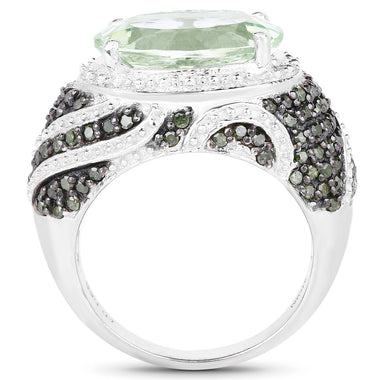 5.98 Carat Genuine Green Amethyst & Green Diamond .925 Sterling Silver Ring - 0