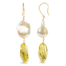 14K Yellow Gold Citrine and Baroque Pearl Drop and Dangle Earrings 1 3/4 Inch Dangle-3