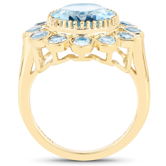 14K Yellow Gold Plated 6.59 Carat Genuine Blue Topaz .925 Sterling Silver Ring