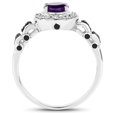 1.02 Carat Genuine Amethyst, Black Diamond & White Diamond .925 Sterling Silver Ring - 0