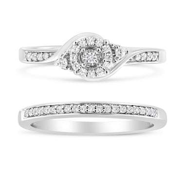 .925 Sterling Silver 1/4 Cttw Diamond Halo and Swirl Engagement Ring and Wedding Band Set (I-J Color, I3 Clarity)- Ring Size 7 - 0