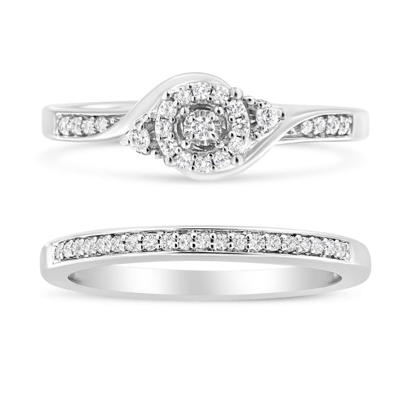 .925 Sterling Silver 1/4 Cttw Diamond Halo and Swirl Engagement Ring and Wedding Band Set (I-J Color, I3 Clarity)- Ring Size 7