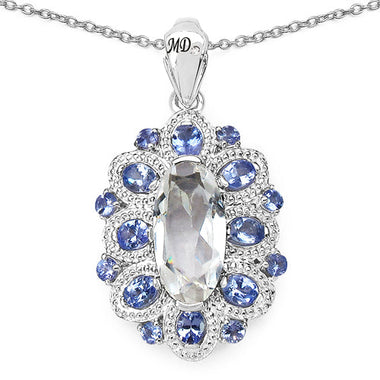 "6.09 Carat Genuine Crystal Quartz, Tanzanite and White Diamond .925 Sterling Silver Pendant