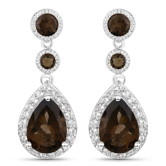 7.34 Carat Genuine Smoky Quartz and White Topaz .925 Sterling Silver Earrings