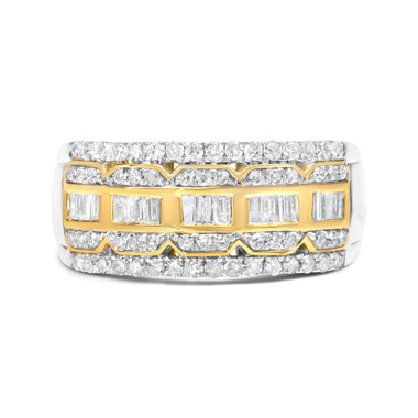 10K White and Yellow Gold 1.00 Cttw Baguette and Round cut Diamond Art Deco Multi-Row Ring Band (I-J Color, I1-I2 Clarity) - Ring Size 7 - 0