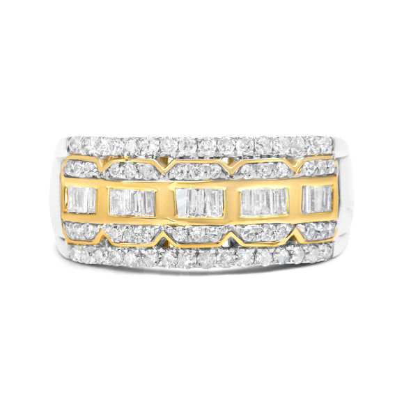 10K White and Yellow Gold 1.00 Cttw Baguette and Round cut Diamond Art Deco Multi-Row Ring Band (I-J Color, I1-I2 Clarity) - Ring Size 7