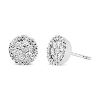 14K White Gold 1.0 Cttw Brilliant-Cut Diamond Halo-Style Cluster Round Button Stud Earrings (H-I Color, I1-I2 Clarity) - 0