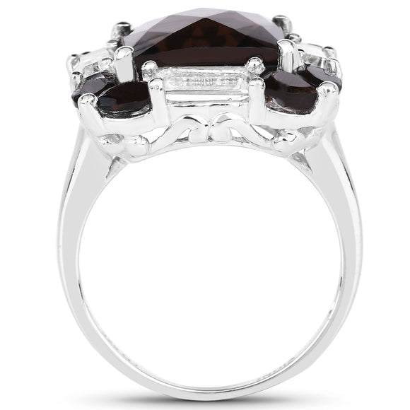 7.43 Carat Genuine Smoky Quartz & White Topaz .925 Sterling Silver Ring