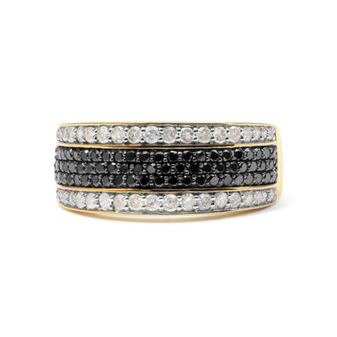 14K Yellow Gold Plated .925 Sterling Silver 1 1/4 Cttw White and Black Treated Diamond Multi Row Band (Black/I-J Color, I2-I3 Clarity) - Size 10
