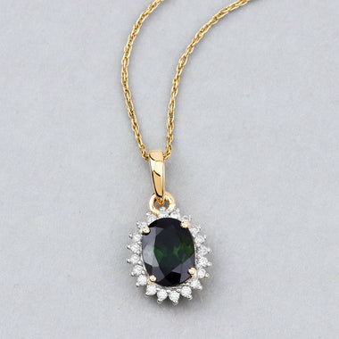 1.39 Carat Genuine Green Tourmaline and White Diamond 14K Yellow Gold Pendant - 0