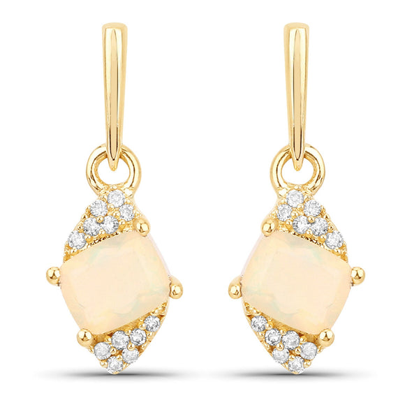0.57 Carat Genuine Ethiopian Opal and White Diamond 14K Yellow Gold Earrings