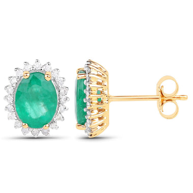 2.66 Carat Genuine Zambian Emerald and White Diamond 14K Yellow Gold Earrings - 0
