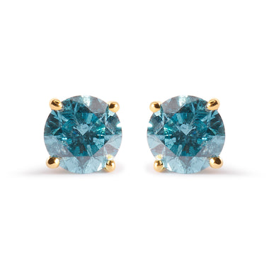 14K Yellow Gold 1.0 Cttw Treated Aqua Blue Diamond Classic Solitaire Stud Earrings (Aqua Blue Color, I2-I3 Clarity)