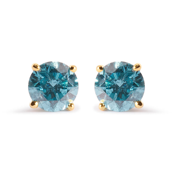14K Yellow Gold 1.0 Cttw Treated Aqua Blue Diamond Classic Solitaire Stud Earrings (Aqua Blue Color, I2-I3 Clarity)