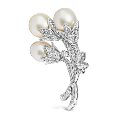 18K White Gold 2 1/5 Cttw Diamond and South Sea Pearl Floral Brooch Pin (G-H Color, VS1-VS2 Clarity) - 0