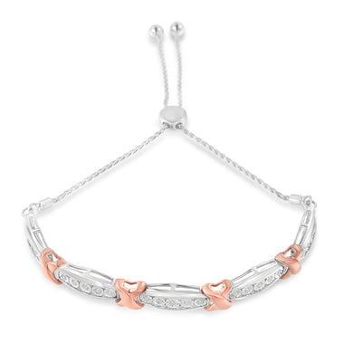 .925 Sterling Silver 1/4 Cttw Round-Cut Diamond X & Tapered Bar Miracle-Set Bolo Bracelet (I-J Color, I3 Clarity) - Two Tone Rose Gold & Silver - 0