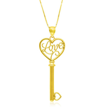 14k Yellow Gold Skeleton Key Style LOVE Pendant - 0
