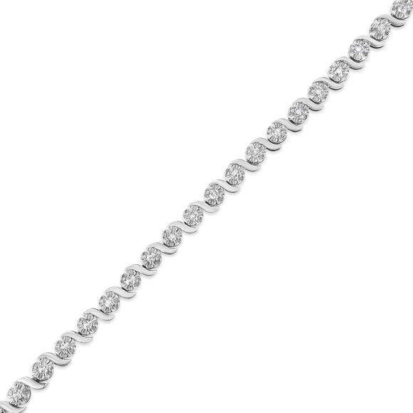 .925 Sterling Silver 1.0 Cttw Diamond Spiral Wave Curved-Link 7" Tennis Bracelet (I-J Color, I3 Clarity)