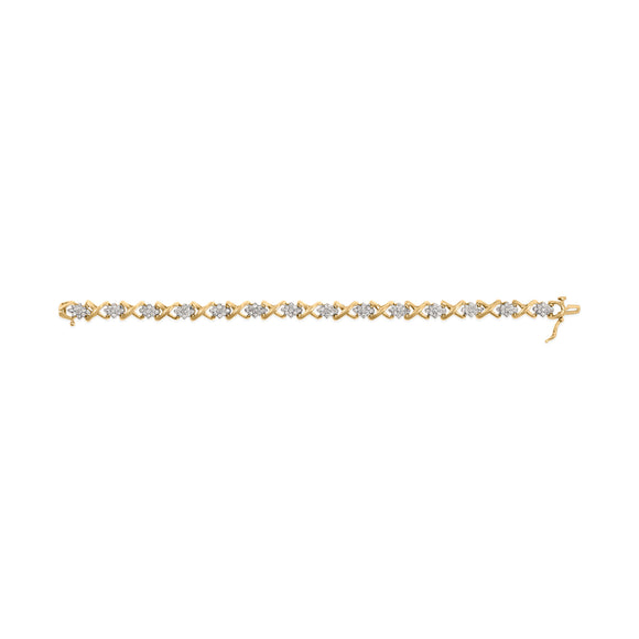 10k Yellow Gold 2.00 Cttw Diamond Cluster and Alternating "X" Link Bracelet (I-J Color, I3 Clarity) - 7"