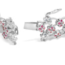 14K White Gold Pink Sapphire and Diamond Floral Lattice Link Bracelet - 7.25" Inches-2