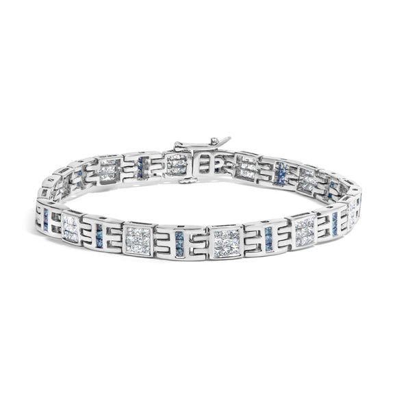 14K White Gold Princess-Cut white and Blue Diamond 3.00 cttw Fashion Link Bracelet (H-I Color, SI1-SI2 Clarity)