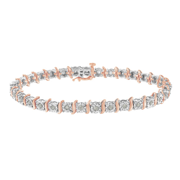 Two-Tone 10K Yellow Gold over .925 Sterling Silver 1.0 Cttw Diamond S-Curve Link Miracle-Set Tennis Bracelet (I-J Color, I3 Clarity) - 7"