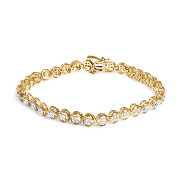 14K Yellow Gold Plated .925 Sterling Silver 1/10 Cttw Diamond Open Circle Beaded Wheel Link Tennis Bracelet (I-J Color, I3 Clarity) - 7.25"