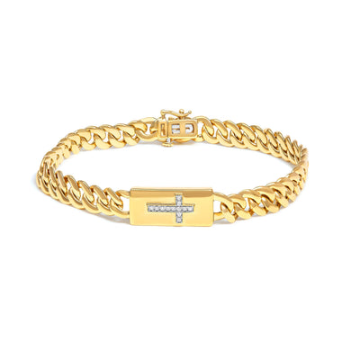 14K Yellow Gold Plated .925 Sterling Silver Diamond Accent Inlaid Cross Cuban Link Bracelet (I-J Color, I3 Clarity)-  7.25"