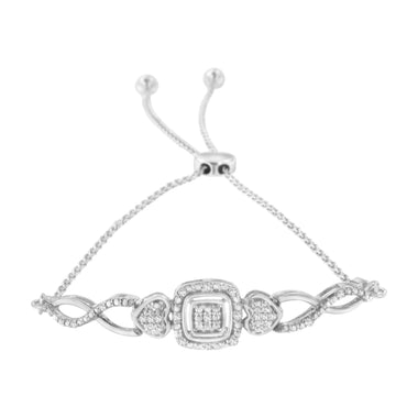 .925 Sterling Silver Diamond Cushion Frame Heart-Sides Twist 4â€-10â€ Adjustable Bolo Tennis Bolo Bracelet (I-J Color, I3 Clarity) - 0
