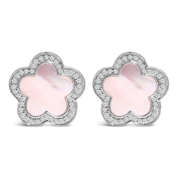 14K White Gold Mother of Pearl and 1/5 Cttw Diamond Halo Star Stud Earrings