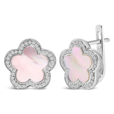 14K White Gold Mother of Pearl and 1/5 Cttw Diamond Halo Star Stud Earrings - 0