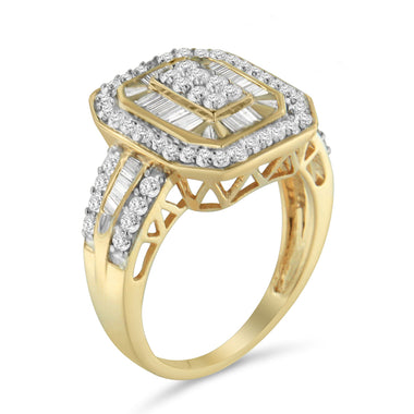 10K Yellow Gold 1.0 Cttw Diamond Vintage Inspired Baguette-Cut Double Halo Emerald-Shaped Frame Cocktail Ring (I-J Color, I1-I2 Clarity) - Size 6-1/2 - 0