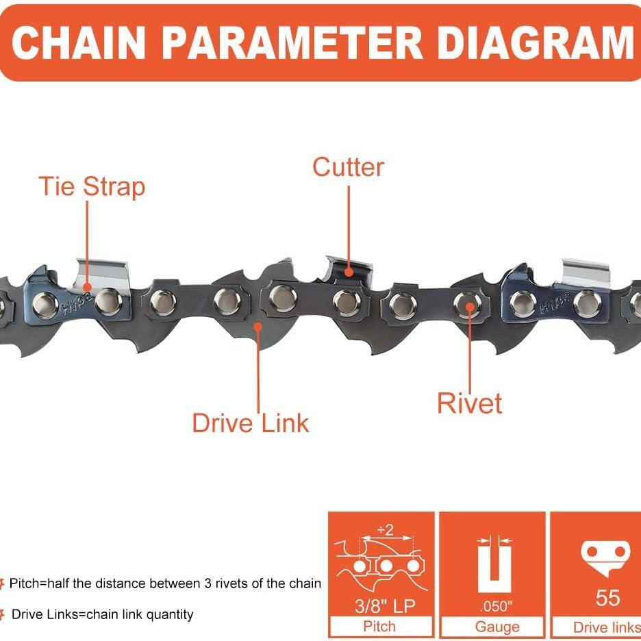 Semi-Chisel Chainsaw Chain – 16 Inch, 3/8LP, .050, 55DL – Fits Stihl MS210, MS250, MS200