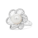 14K White Gold 11mm Round Pearl and 1/3 Cttw Round Diamond Openwork Flower Blossom Ring (H-I Color, VS1-VS2 Clarity) - Size 6.50-1