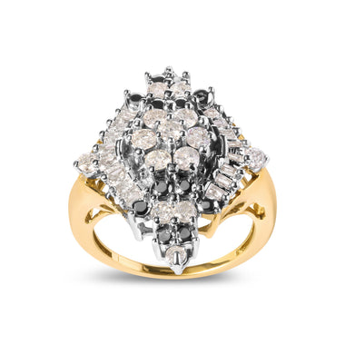 10K Yellow Gold 1 Cttw Round and Baguette cut Diamond Cluster and Rhombus Halo Ring (H-I Color, I1-I2 Clarity) - Ring Size 7 - 0