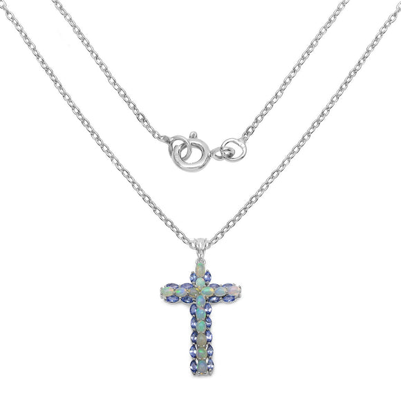 3.32 Carat Genuine Ethiopian Opal and Tanzanite .925 Sterling Silver Pendant