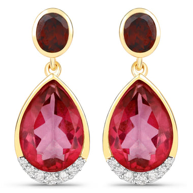 7.98 Carat Genuine Pink Topaz, Rhodolite Garnet and White Diamond .925 Sterling Silver Earrings