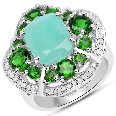 5.49 Carat Genuine Emerald, Chrome Diopside and White Diamond .925 Sterling Silver Ring - 0