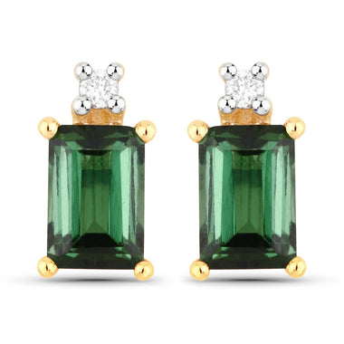 1.24 Carat Genuine Green Tourmaline and White Diamond 14K Yellow Gold Earrings