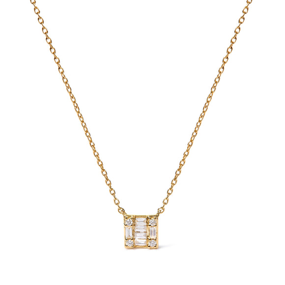 10K Yellow Gold 1/10 Cttw Round and Baguette Diamond Mosaic Composite Square 18" Inch Pendant Necklace (H-I Color, I1-I2 Clarity)